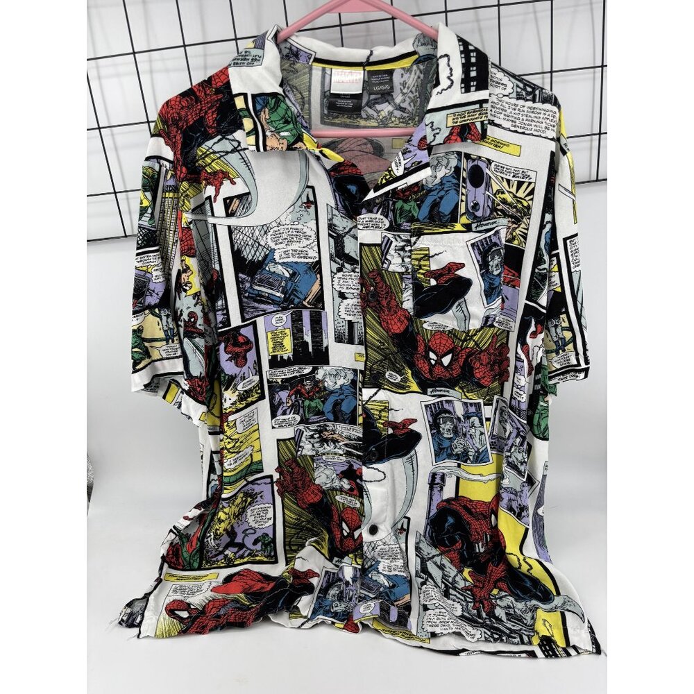 Marvel Spider-Man Comic‎ Print Button-Up Shirt LG Rayon